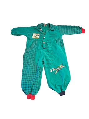 Vintage 90s Broadway Kids Patchwork Airplane Jumpsuit Romper USA Made Plaid